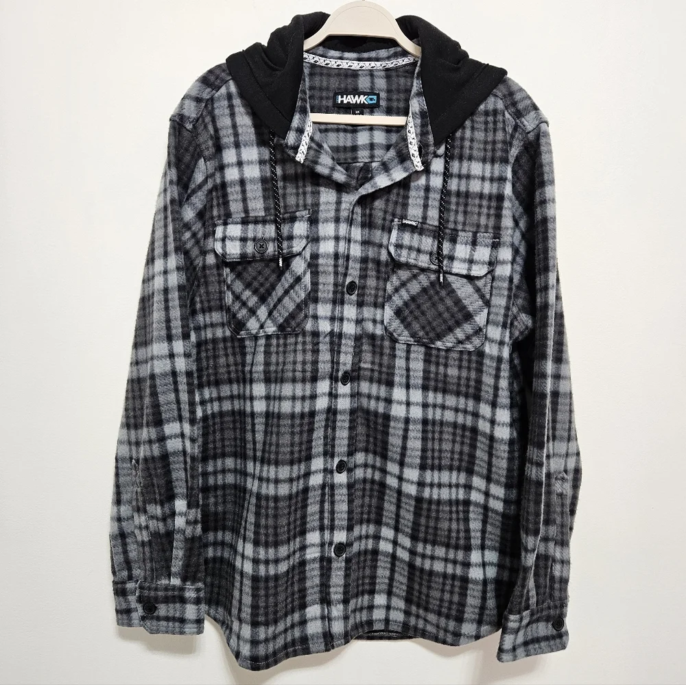 Tony Hawk NWOT Mens‎ Fleece Shirt Jacket Plaid Hooded Cozy Y2K 90s Style Gray 2X